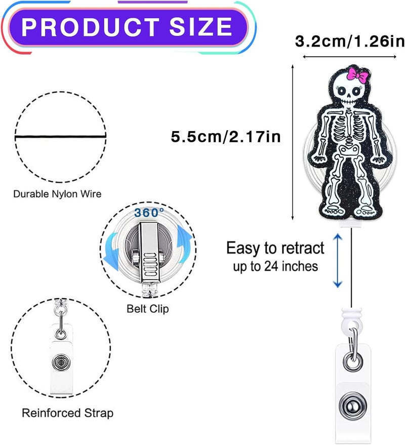 LEBEIGHT Funny Skeleton Halloween Badge Reel Retractable, Fall Badge Reel for Nurse Nursing Student RN CNA LPN Medical Worker & Teacher, Radiology X-ray Tech Badge Clip, Skeleton ID Name Badge Holder for Work - Image 2